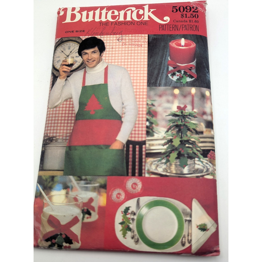 BUTTERICK 5092 Christmas Holiday Craft Sewing Pattern Apron Decor One Size UC